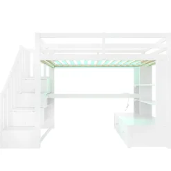 Okwish Lit Mezzanine 90x200 cm - Lit Simple avec Bureau et Étagères, LED Intégrée, sans Matelas - MDF Blanc New