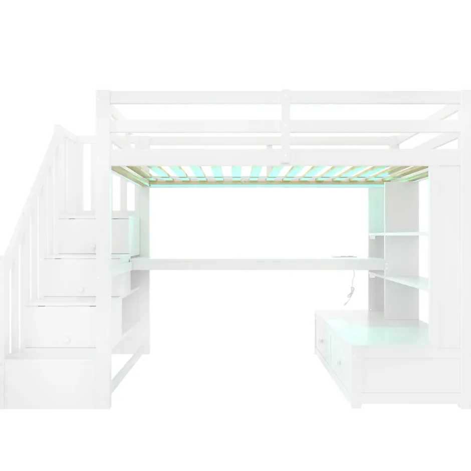 Okwish Lit Mezzanine 90x200 cm - Lit Simple avec Bureau et Étagères, LED Intégrée, sans Matelas - MDF Blanc New