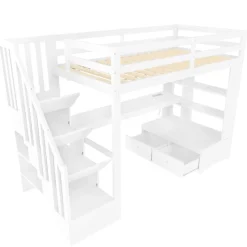 Okwish Lit Mezzanine 90x200 cm - Lit Simple avec Bureau et Étagères, LED Intégrée, sans Matelas - MDF Blanc New