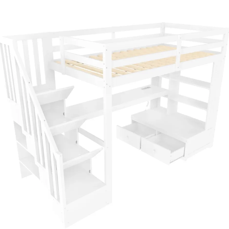 Okwish Lit Mezzanine 90x200 cm - Lit Simple avec Bureau et Étagères, LED Intégrée, sans Matelas - MDF Blanc New