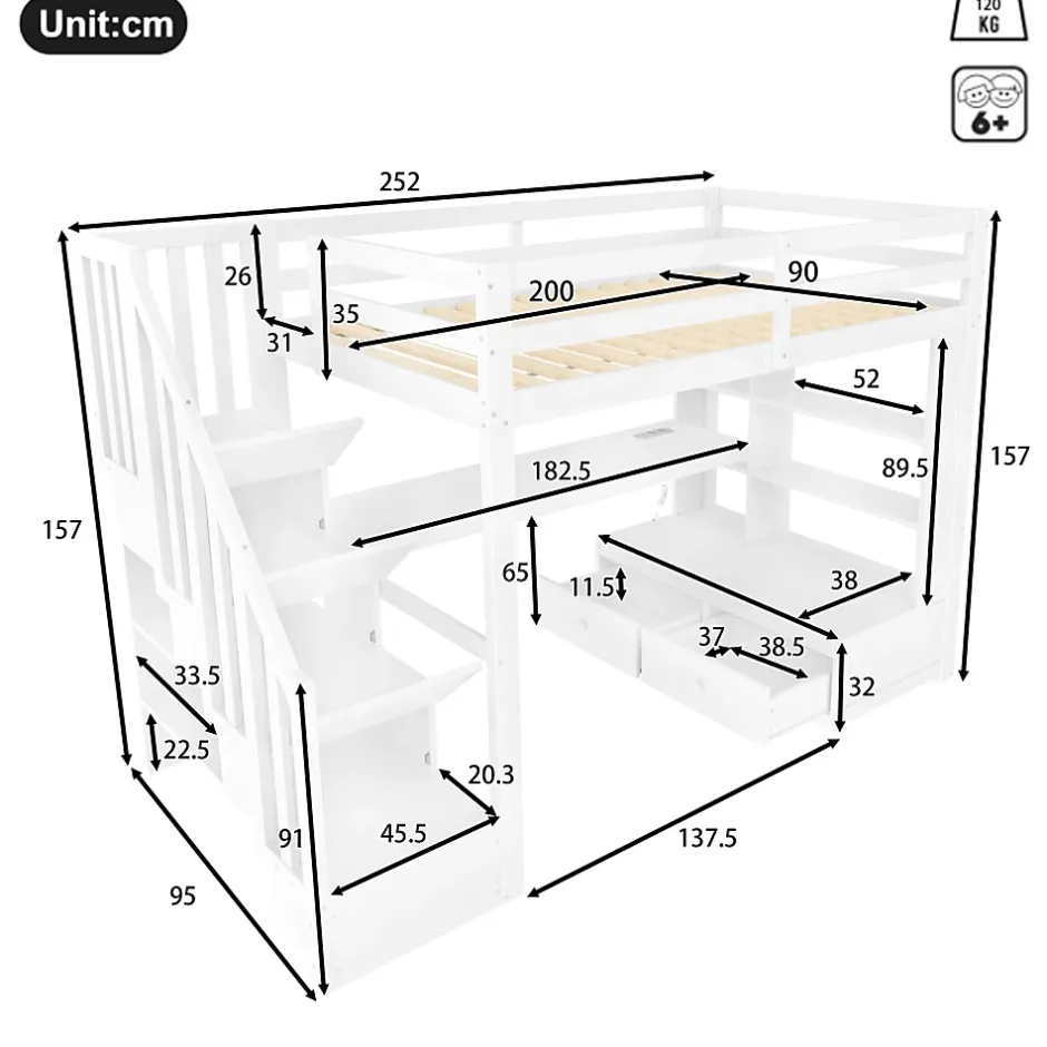 Okwish Lit Mezzanine 90x200 cm - Lit Simple avec Bureau et Étagères, LED Intégrée, sans Matelas - MDF Blanc New