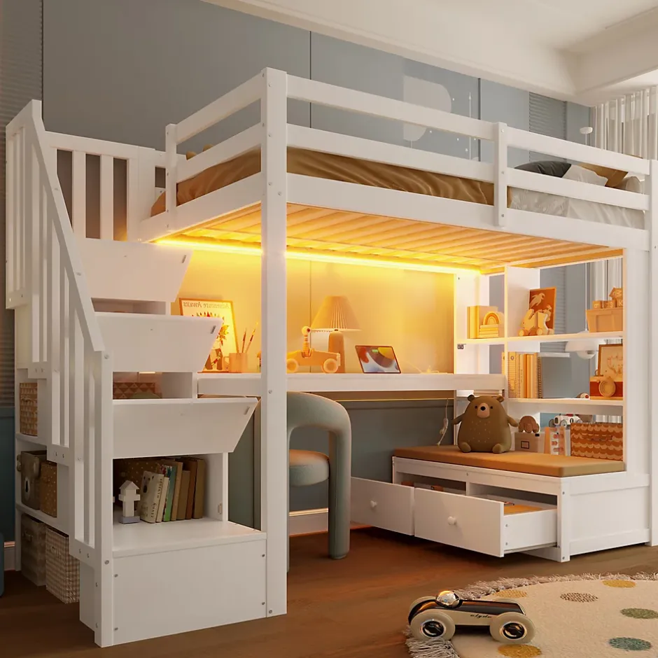 Okwish Lit Mezzanine 90x200 cm - Lit Simple avec Bureau et Étagères, LED Intégrée, sans Matelas - MDF Blanc New