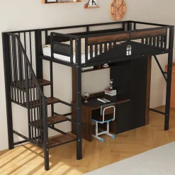 Okwish Lit Mezzanine 90x200 cm - Lit Simple avec Barrières de Sécurité et Échelle, Sans Matelas - Métal et Bois Noir