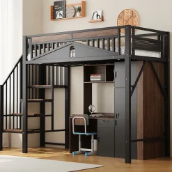 Okwish Lit Mezzanine 90x200 cm - Lit Simple avec Barrières de Sécurité et Échelle, Sans Matelas - Métal et Bois Noir