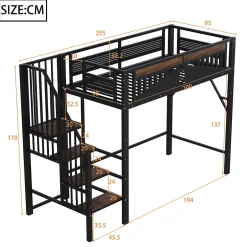 Okwish Lit Mezzanine 90x200 cm - Lit Simple avec Barrières de Sécurité et Échelle, Sans Matelas - Métal et Bois Noir