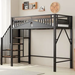 Okwish Lit Mezzanine 90x200 cm - Lit Simple avec Barrières de Sécurité et Échelle, Sans Matelas - Métal et Bois Noir
