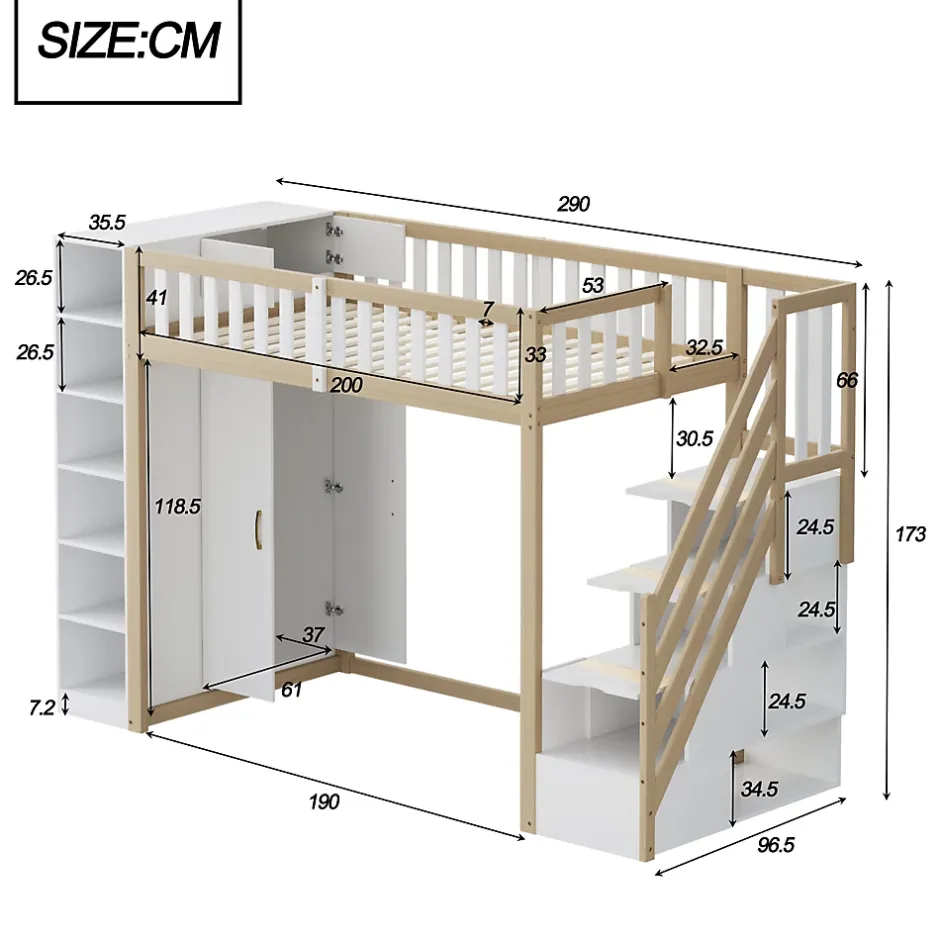 Okwish Lit Mezzanine 90x200 cm - Lit Simple avec Escalier Sécurisé, Armoire et Étagères de Rangement, Pin et MDF, Blanc et Bois Naturel