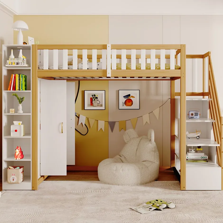 Okwish Lit Mezzanine 90x200 cm - Lit Simple avec Escalier Sécurisé, Armoire et Étagères de Rangement, Pin et MDF, Blanc et Bois Naturel