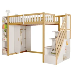 Okwish Lit Mezzanine 90x200 cm - Lit Simple avec Escalier Sécurisé, Armoire et Étagères de Rangement, Pin et MDF, Blanc et Bois Naturel