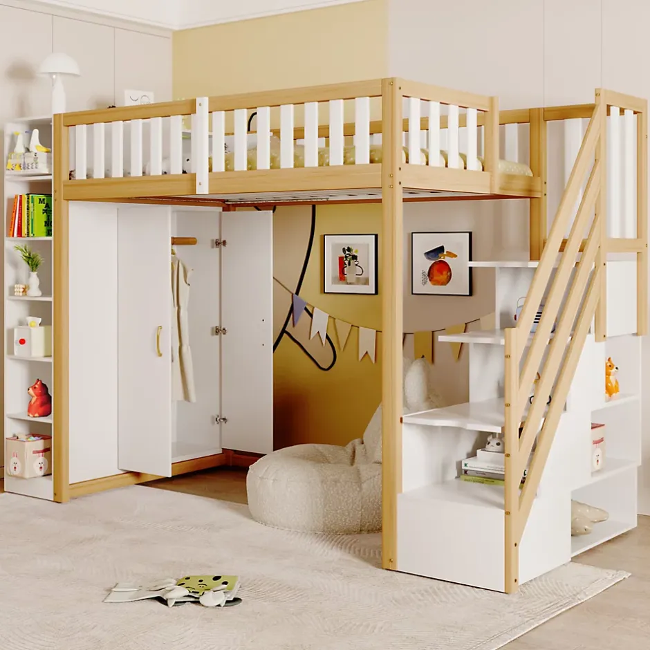 Okwish Lit Mezzanine 90x200 cm - Lit Simple avec Escalier Sécurisé, Armoire et Étagères de Rangement, Pin et MDF, Blanc et Bois Naturel