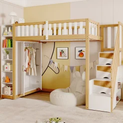 Okwish Lit Mezzanine 90x200 cm - Lit Simple avec Escalier Sécurisé, Armoire et Étagères de Rangement, Pin et MDF, Blanc et Bois Naturel