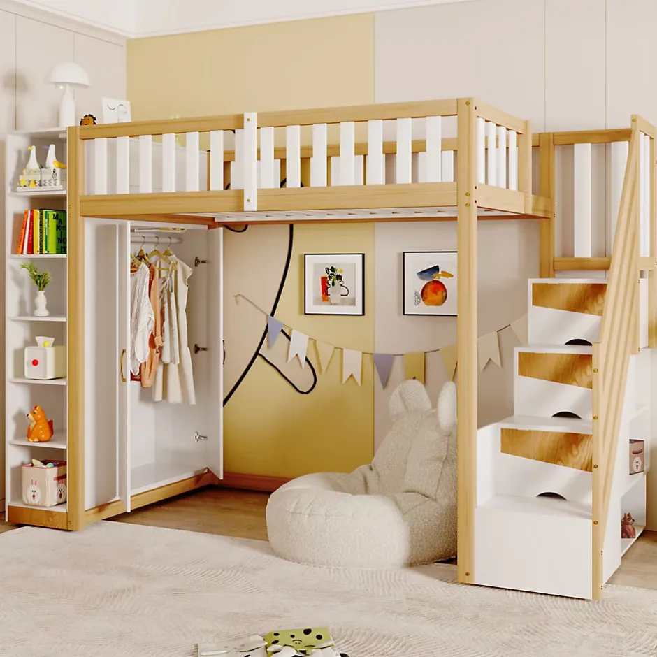 Okwish Lit Mezzanine 90x200 cm - Lit Simple avec Escalier Sécurisé, Armoire et Étagères de Rangement, Pin et MDF, Blanc et Bois Naturel