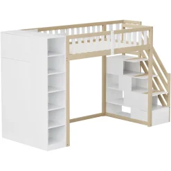 Okwish Lit Mezzanine 90x200 cm - Lit Simple avec Escalier Sécurisé, Armoire et Étagères de Rangement, Pin et MDF, Blanc et Bois Naturel