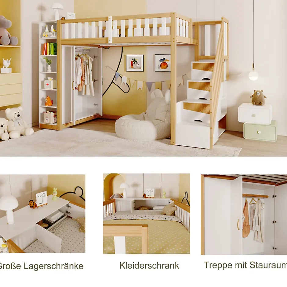 Okwish Lit Mezzanine 90x200 cm - Lit Simple avec Escalier Sécurisé, Armoire et Étagères de Rangement, Pin et MDF, Blanc et Bois Naturel
