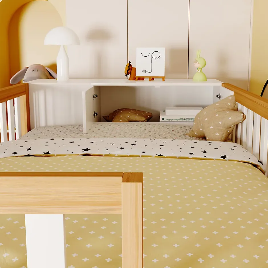 Okwish Lit Mezzanine 90x200 cm - Lit Simple avec Escalier Sécurisé, Armoire et Étagères de Rangement, Pin et MDF, Blanc et Bois Naturel