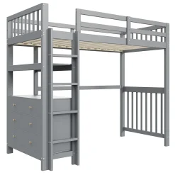 Generique Lit Mezzanine 90x200 cm - Lit Simple avec Échelle Verticale, Tiroirs et Étagères de Rangement, Sans Matelas - Gris New