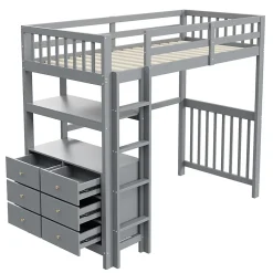 Generique Lit Mezzanine 90x200 cm - Lit Simple avec Échelle Verticale, Tiroirs et Étagères de Rangement, Sans Matelas - Gris New
