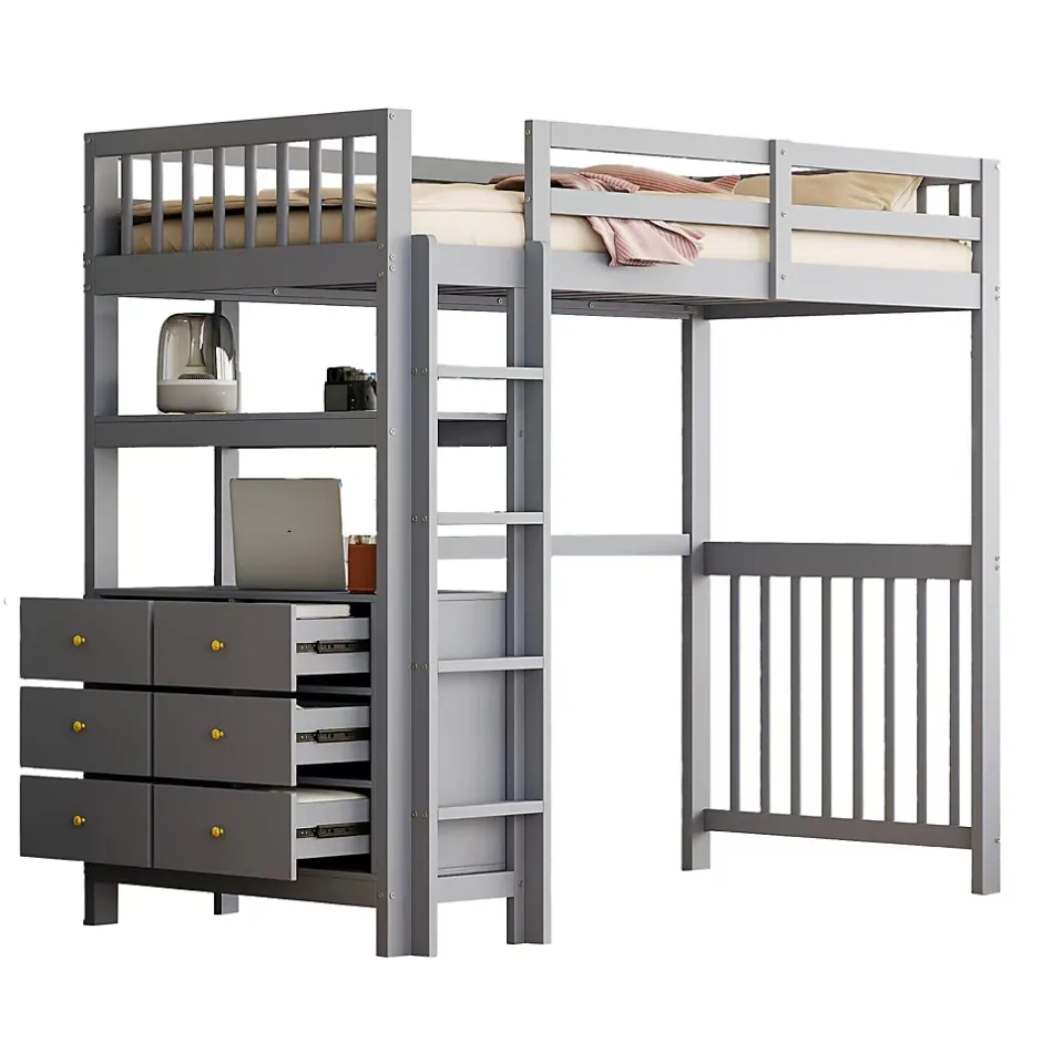 Generique Lit Mezzanine 90x200 cm - Lit Simple avec Échelle Verticale, Tiroirs et Étagères de Rangement, Sans Matelas - Gris New