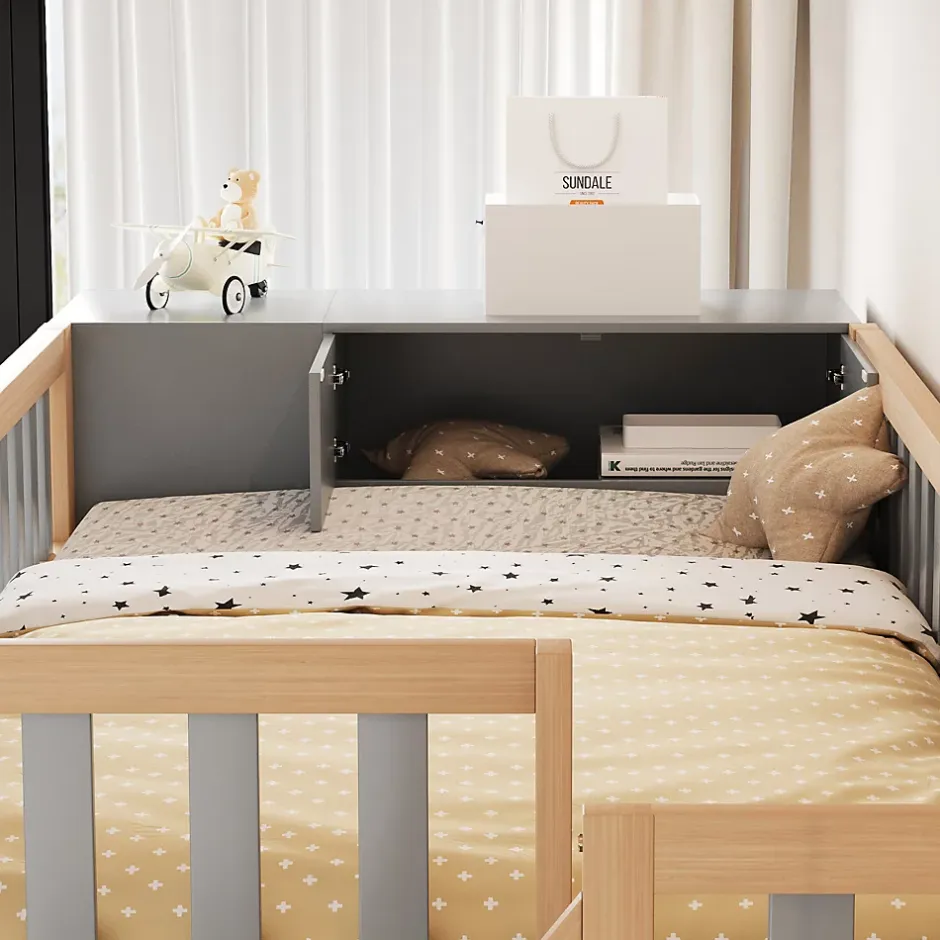 Okwish Lit Mezzanine 90x200 cm - Lit Simple avec Escalier Sécurisé, Armoire et Étagères de Rangement, Pin et MDF, Gris et Bois Naturel Discount