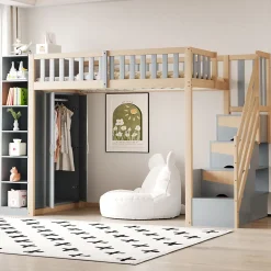 Okwish Lit Mezzanine 90x200 cm - Lit Simple avec Escalier Sécurisé, Armoire et Étagères de Rangement, Pin et MDF, Gris et Bois Naturel Discount