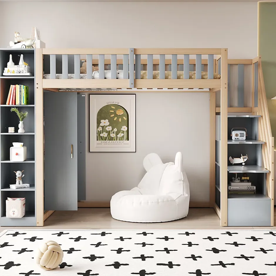 Okwish Lit Mezzanine 90x200 cm - Lit Simple avec Escalier Sécurisé, Armoire et Étagères de Rangement, Pin et MDF, Gris et Bois Naturel Discount