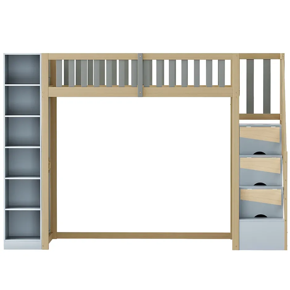 Okwish Lit Mezzanine 90x200 cm - Lit Simple avec Escalier Sécurisé, Armoire et Étagères de Rangement, Pin et MDF, Gris et Bois Naturel Discount