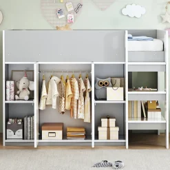 Okwish Lit mezzanine 90x200 cm - Lit simple avec échelle intégrée, placard pratique et rangements - Pin et MDF - Gris