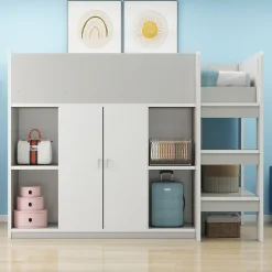 Okwish Lit mezzanine 90x200 cm - Lit simple avec échelle intégrée, placard pratique et rangements - Pin et MDF - Gris
