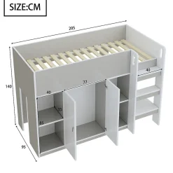 Okwish Lit mezzanine 90x200 cm - Lit simple avec échelle intégrée, placard pratique et rangements - Pin et MDF - Gris