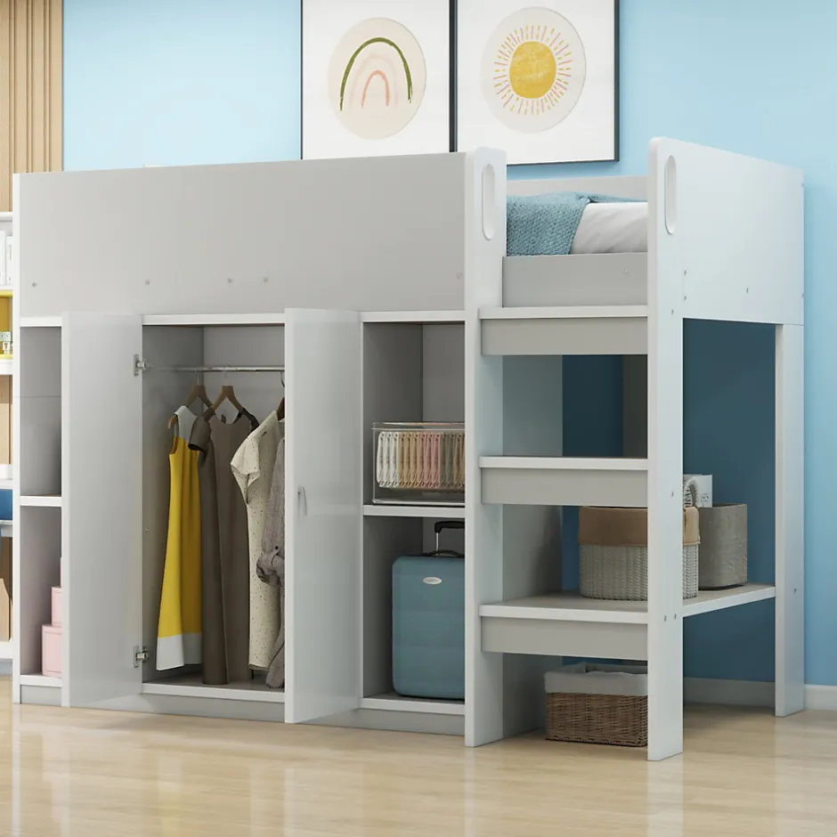 Okwish Lit mezzanine 90x200 cm - Lit simple avec échelle intégrée, placard pratique et rangements - Pin et MDF - Gris