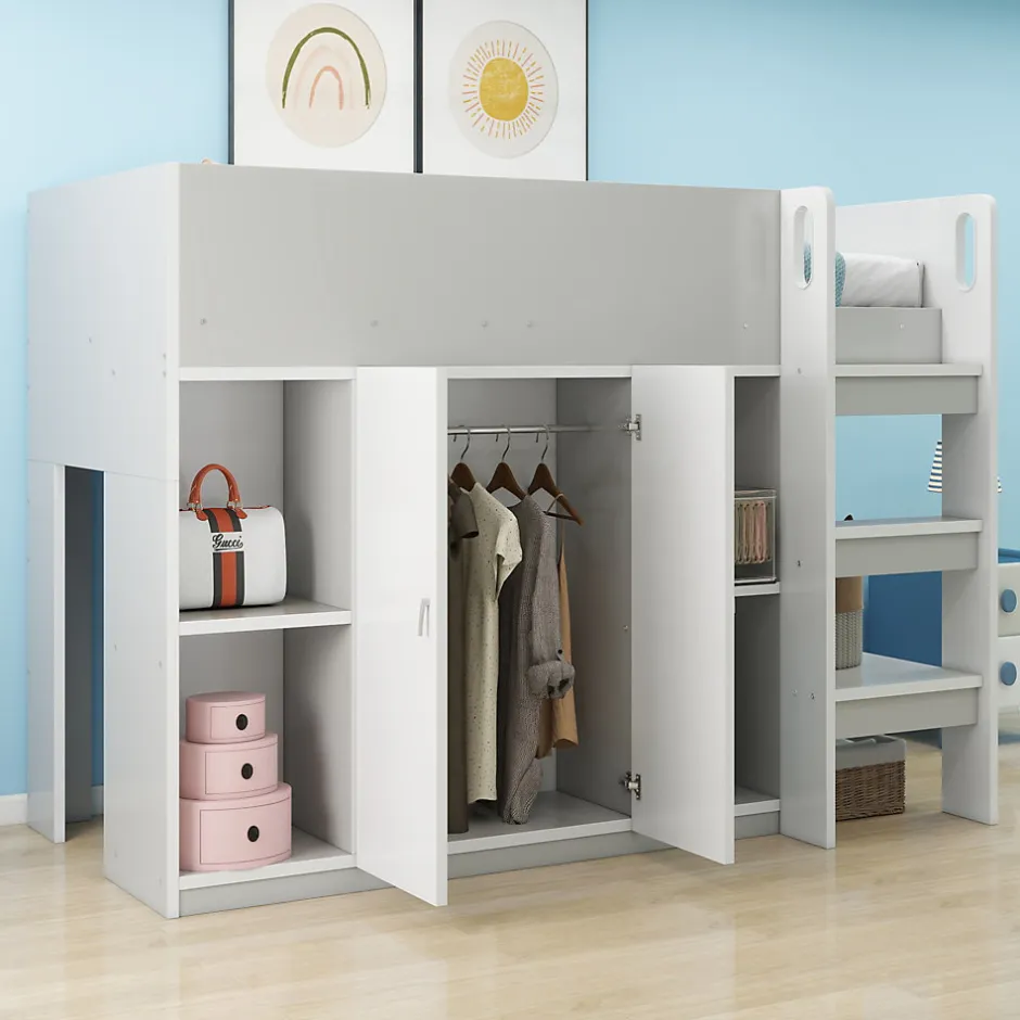 Okwish Lit mezzanine 90x200 cm - Lit simple avec échelle intégrée, placard pratique et rangements - Pin et MDF - Gris
