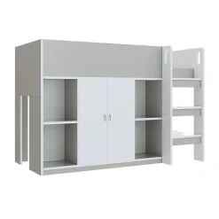 Okwish Lit mezzanine 90x200 cm - Lit simple avec échelle intégrée, placard pratique et rangements - Pin et MDF - Gris