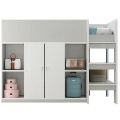 Okwish Lit mezzanine 90x200 cm - Lit simple avec échelle intégrée, placard pratique et rangements - Pin et MDF - Gris