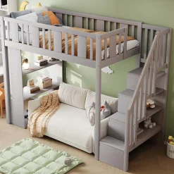 Okwish Lit mezzanine 90x200 cm - Lit simple avec échelle pratique, tiroirs de rangement intégrés et structure robuste - Pin et MDF - Gris