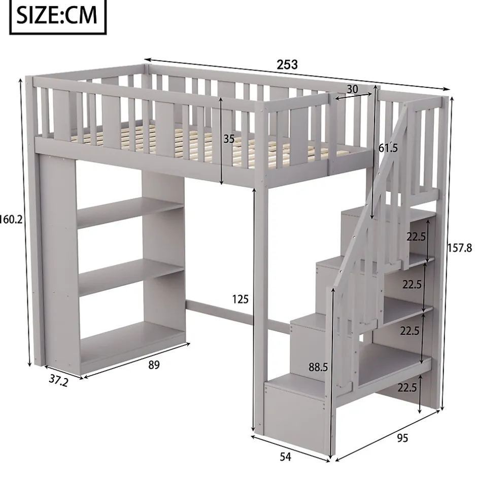 Okwish Lit mezzanine 90x200 cm - Lit simple avec échelle pratique, tiroirs de rangement intégrés et structure robuste - Pin et MDF - Gris