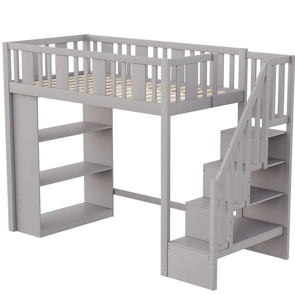 Okwish Lit mezzanine 90x200 cm - Lit simple avec échelle pratique, tiroirs de rangement intégrés et structure robuste - Pin et MDF - Gris