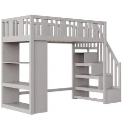 Okwish Lit mezzanine 90x200 cm - Lit simple avec échelle pratique, tiroirs de rangement intégrés et structure robuste - Pin et MDF - Gris
