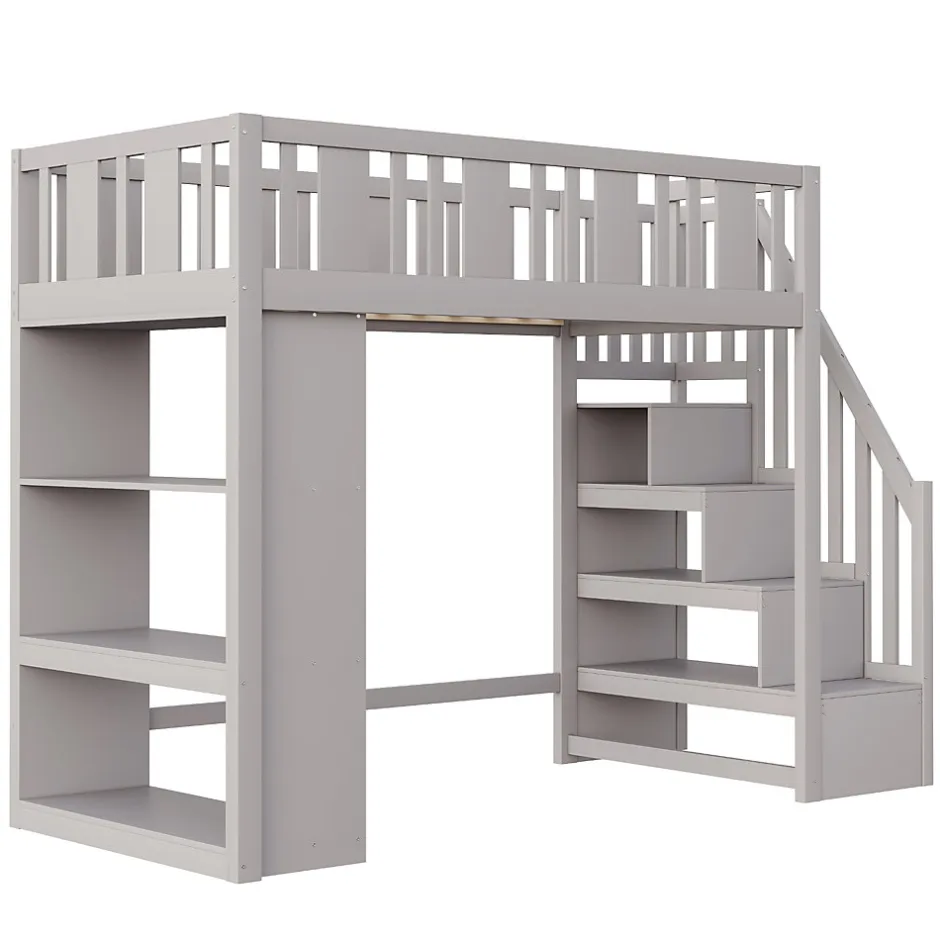 Okwish Lit mezzanine 90x200 cm - Lit simple avec échelle pratique, tiroirs de rangement intégrés et structure robuste - Pin et MDF - Gris