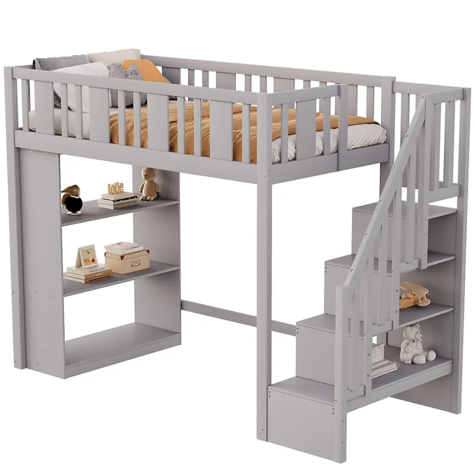 Okwish Lit mezzanine 90x200 cm - Lit simple avec échelle pratique, tiroirs de rangement intégrés et structure robuste - Pin et MDF - Gris