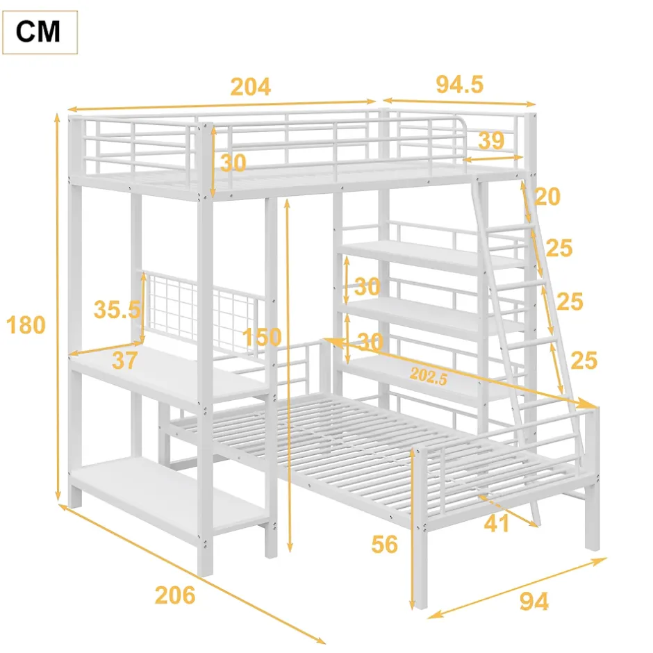 Okwish Lit mezzanine 90x200 cm - Lit simple avec rangement multifonction, structure métal et MDF avec étagères - Sans matelas - Blanc Clearance