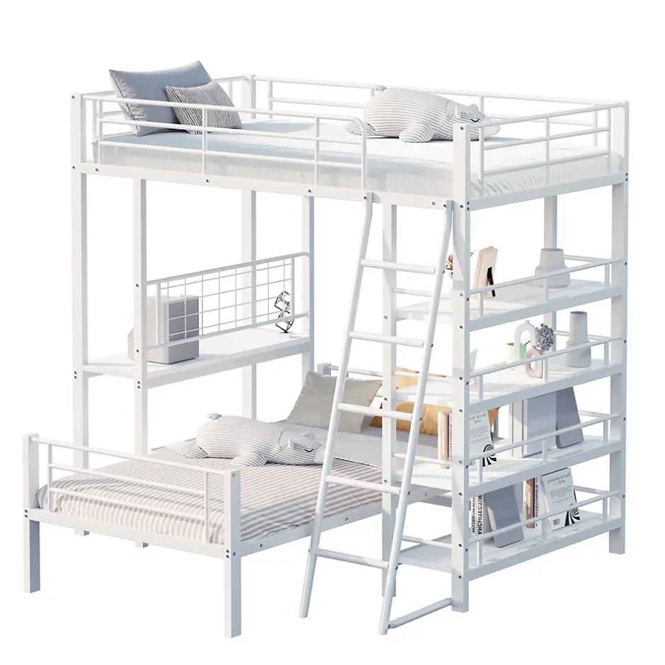 Okwish Lit mezzanine 90x200 cm - Lit simple avec rangement multifonction, structure métal et MDF avec étagères - Sans matelas - Blanc Clearance