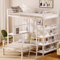 Okwish Lit mezzanine 90x200 cm - Lit simple avec rangement multifonction, structure métal et MDF avec étagères - Sans matelas - Blanc Clearance