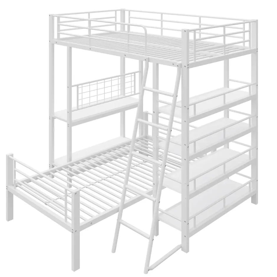 Okwish Lit mezzanine 90x200 cm - Lit simple avec rangement multifonction, structure métal et MDF avec étagères - Sans matelas - Blanc Clearance