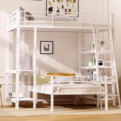 Okwish Lit mezzanine 90x200 cm - Lit simple avec rangement multifonction, structure métal et MDF avec étagères - Sans matelas - Blanc Clearance