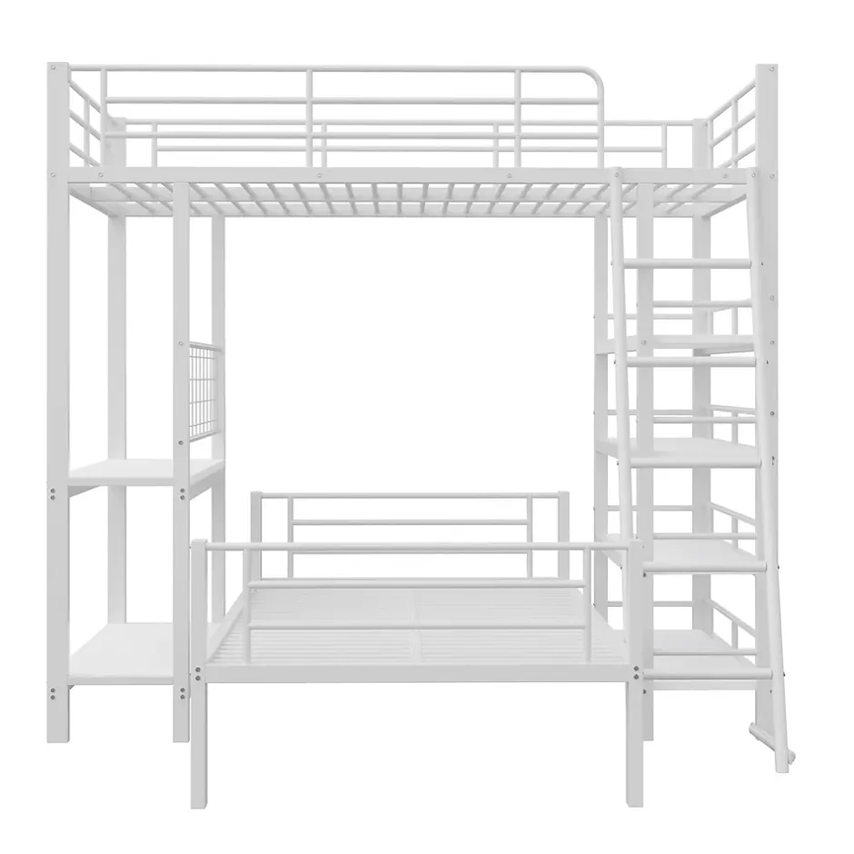 Okwish Lit mezzanine 90x200 cm - Lit simple avec rangement multifonction, structure métal et MDF avec étagères - Sans matelas - Blanc Clearance
