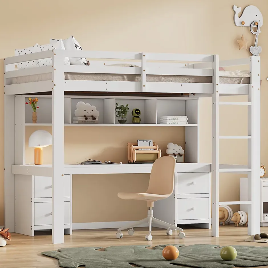 Okwish Lit mezzanine 90x200 cm - Lit Simple avec Escalier à Rampe Haute et bureau, tiroirs - Pin + MDF - Sans Matelas - Blanc Discount