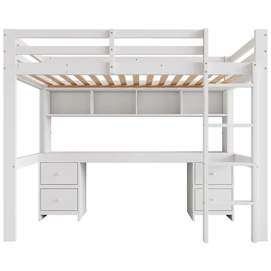 Okwish Lit mezzanine 90x200 cm - Lit Simple avec Escalier à Rampe Haute et bureau, tiroirs - Pin + MDF - Sans Matelas - Blanc Discount