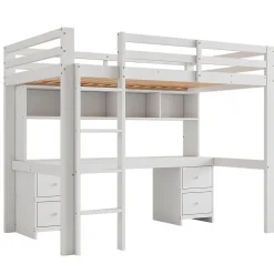 Okwish Lit mezzanine 90x200 cm - Lit Simple avec Escalier à Rampe Haute et bureau, tiroirs - Pin + MDF - Sans Matelas - Blanc Discount