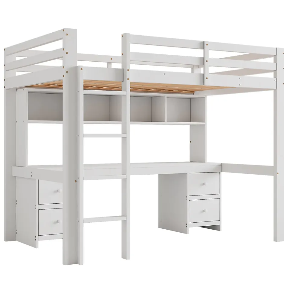Okwish Lit mezzanine 90x200 cm - Lit Simple avec Escalier à Rampe Haute et bureau, tiroirs - Pin + MDF - Sans Matelas - Blanc Discount
