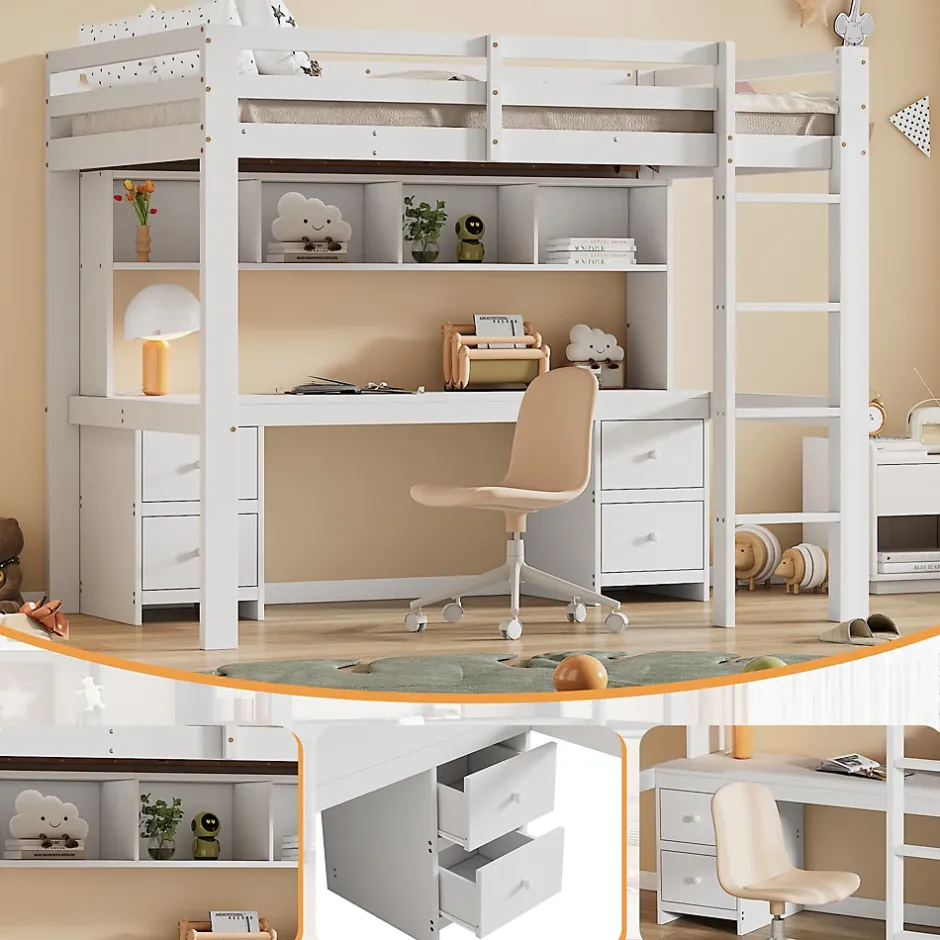 Okwish Lit mezzanine 90x200 cm - Lit Simple avec Escalier à Rampe Haute et bureau, tiroirs - Pin + MDF - Sans Matelas - Blanc Discount